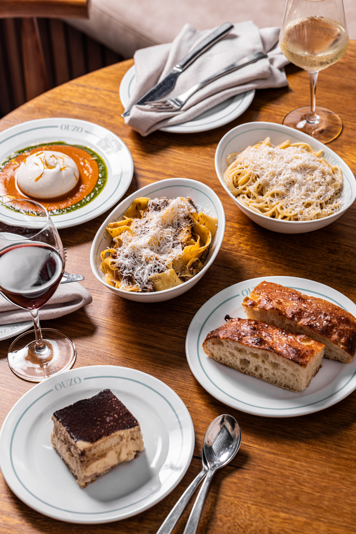 A Mediterranean spread — burrata, pasta, focaccia and tiramisu