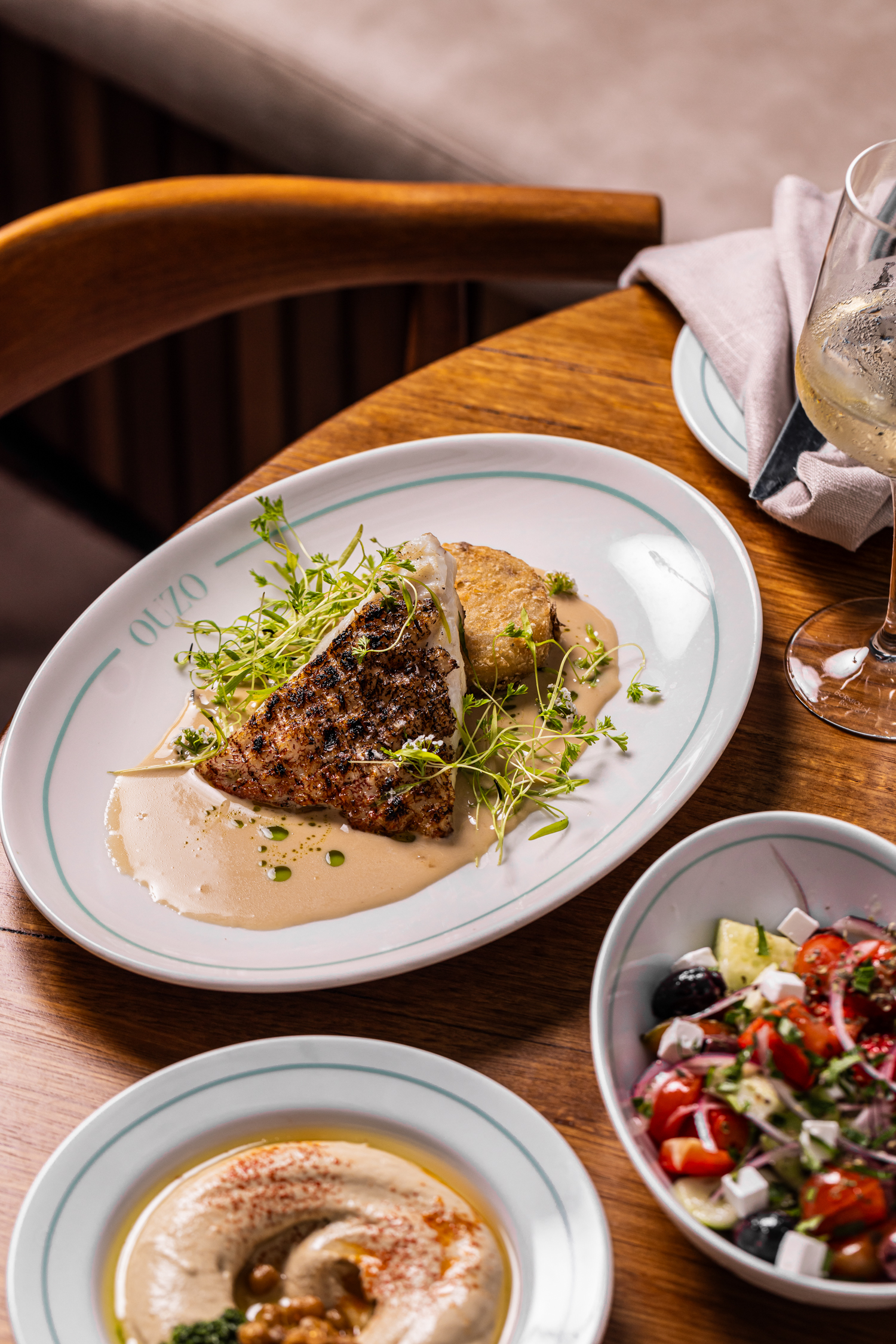 Grilled fish with hummus and Greek salad