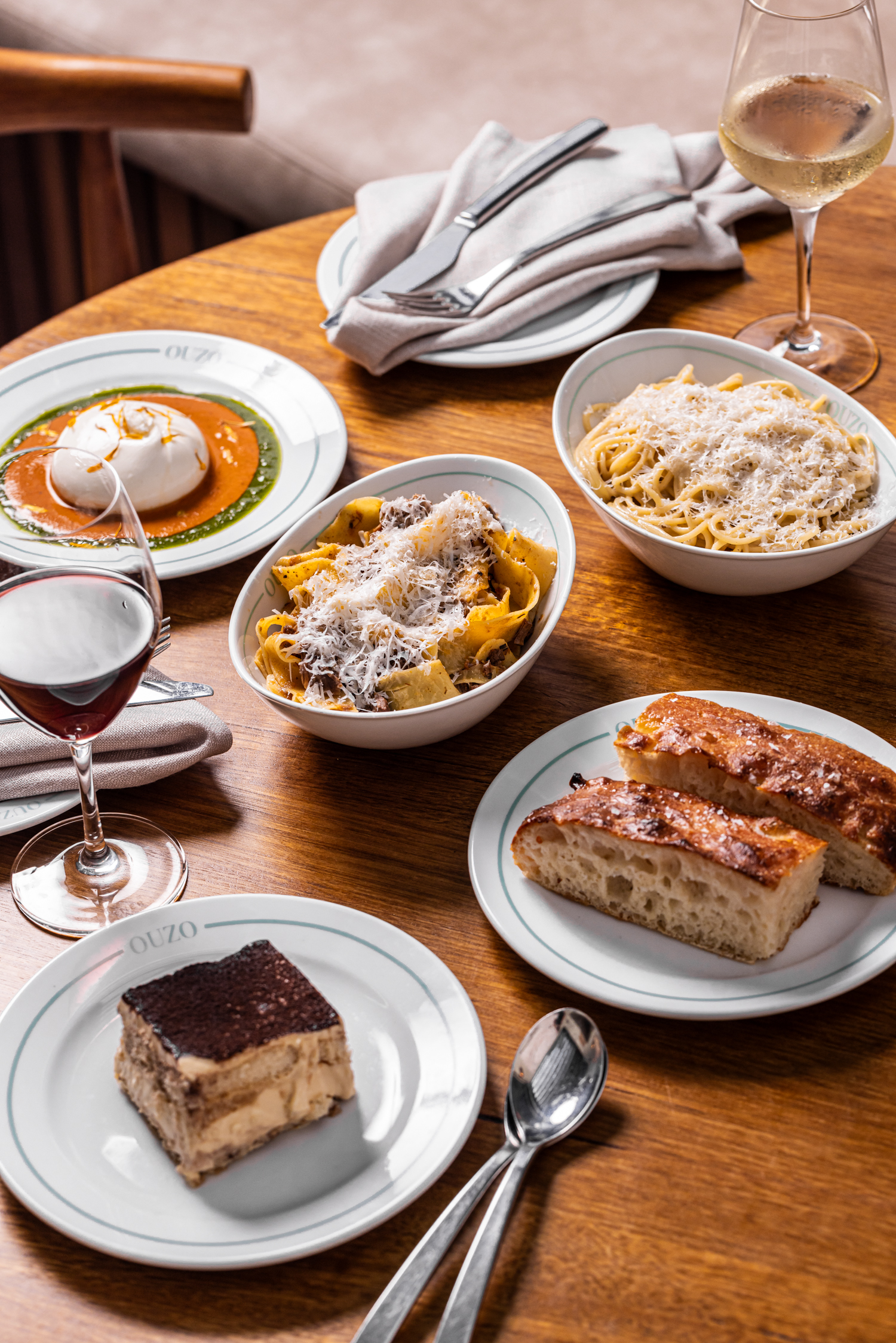 Burrata, pasta and tiramisu at OUZO