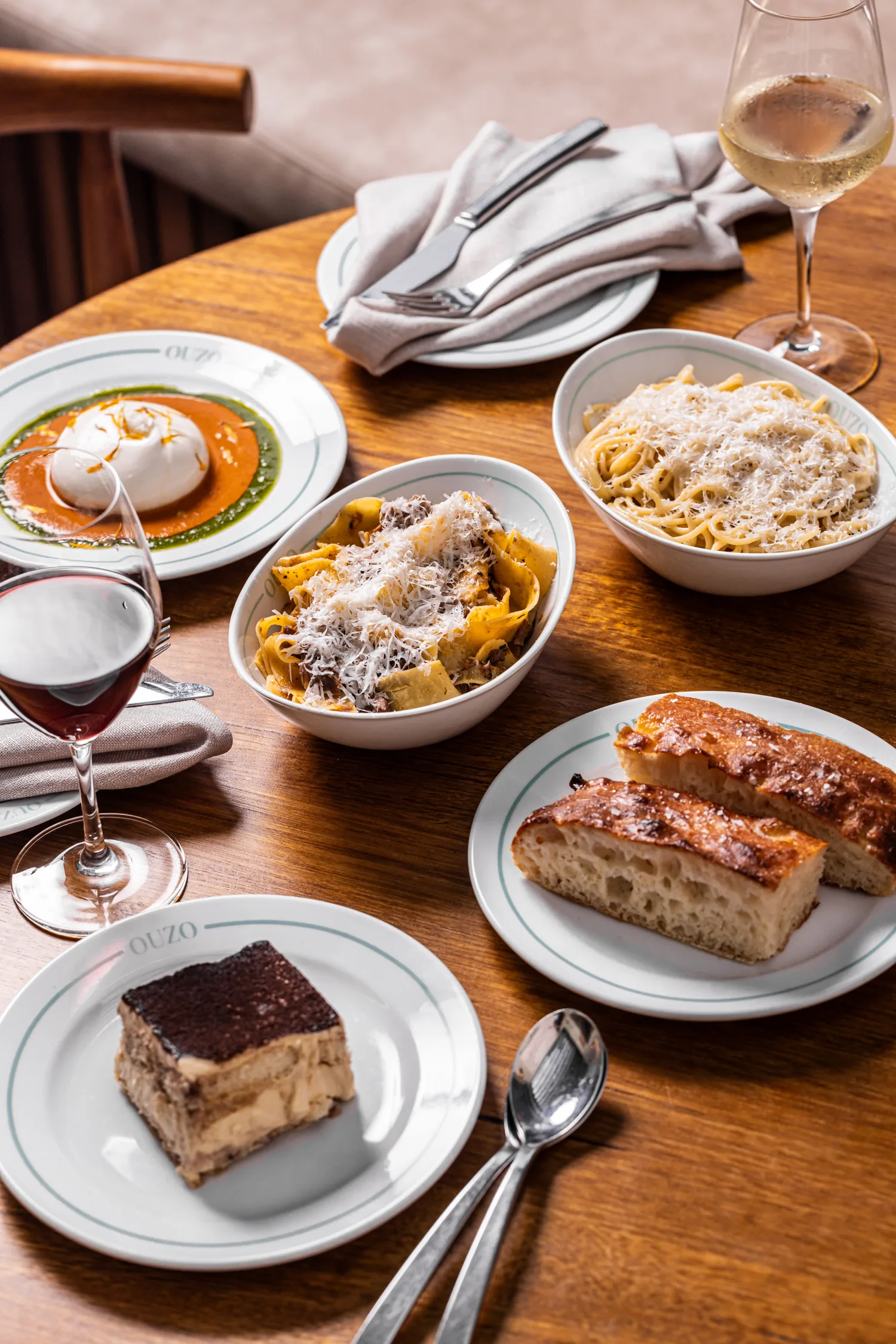 Burrata, pasta and tiramisu at OUZO